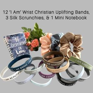 12 ‘I Am’ Wrist Christian Uplifting Bands, 3 Silk Scrunchies, & 1 Mini Notebook